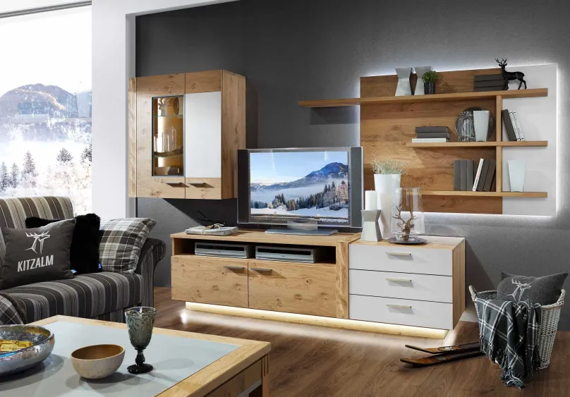 Schröder Wohnmöbel Kitzalm Alpin Wohnwand eiche bianco Discount
